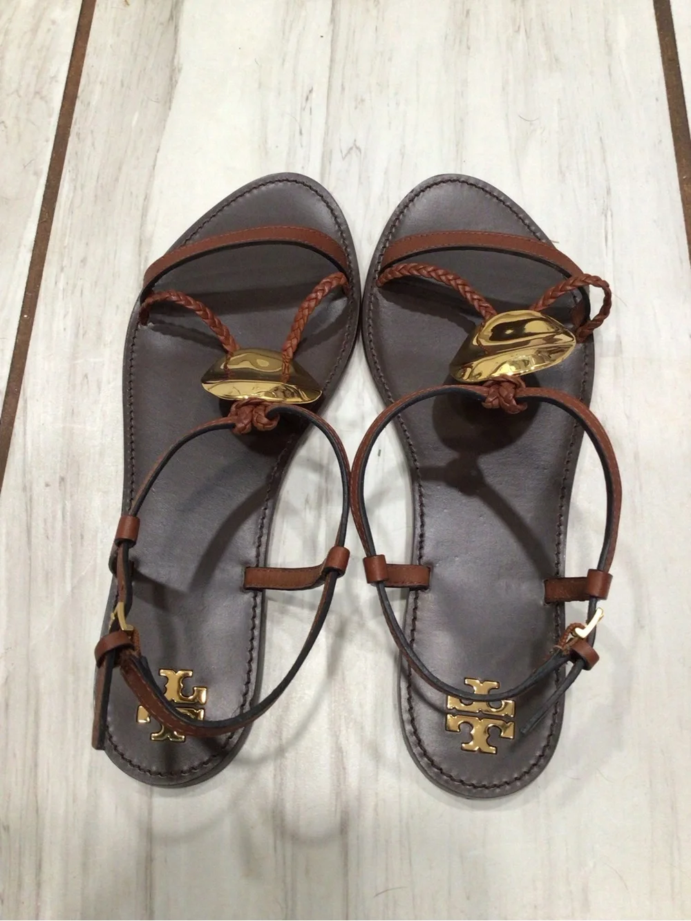 Tory Burch Patos Brown Gold Medallion Leather Flat Sandals Size 10M NIB 80287